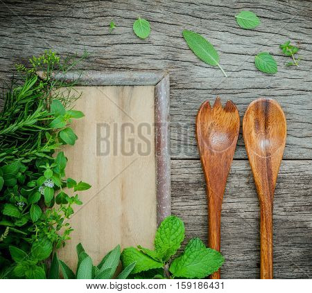Aromatic Herbs And Spices  Green Mint ,fennel ,oregano, Sage,lemon Thyme And Peppermint With Fork An