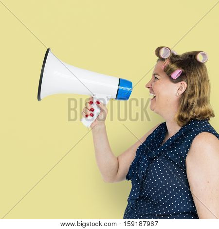 Woman Smiling Happiness Megaphone Announcement Concept