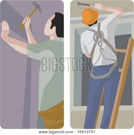 Set di 2 illustrazioni vettoriali di costruttori utilizzando martelli.