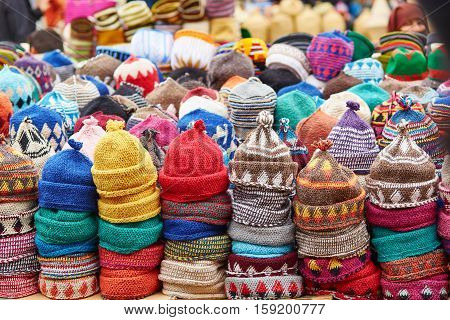 Selection Of Woolen Hats On A Traditional Moroccan Market