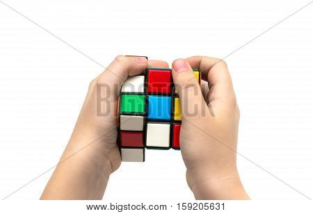 Estonia, Tallinn, Novemberr 30, 2016. Rubik's cube on the white background. Selective focus