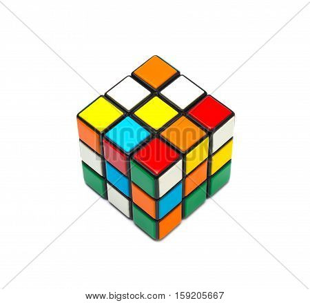 Estonia, Tallinn, Novemberr 30, 2016. Rubik's cube on the white background. Selective focus