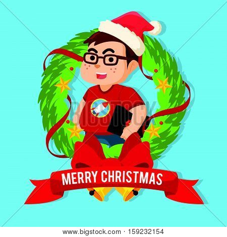 fat nerd inside christmas wreath eps10 vector illustration design