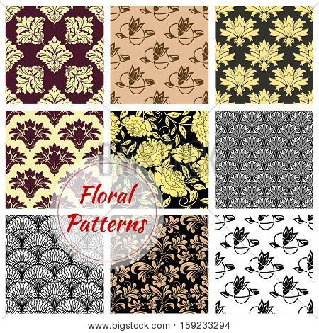 Floral background. Flourish flowery decor tiles set of baroque embellishments and ornamental rococo adornments. Drapery and tracery luxury backdrops. Flowery ornate ornament tiles