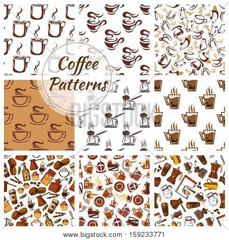 Coffee patterns set of vector coffee bean, cup, coffee mill, moka, cappuccino, coffee maker, turkish pot cezve, mill, grinder icons. Seamless background for cafe, cafeteria