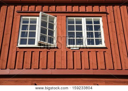 Closeup of a traditional Swedish red wooden facade