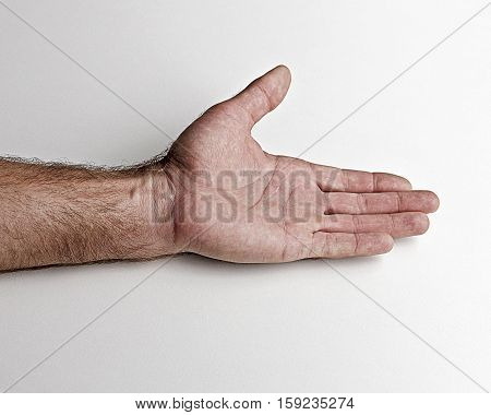 Men's left hand.Open hand on a white background