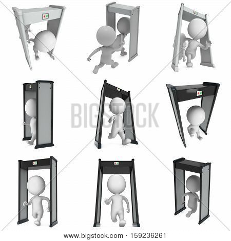 3D metal detector scanner and running man isolated on white background. Scanner entrance gate for prevent crime or terrorism in public place. Security concept set.