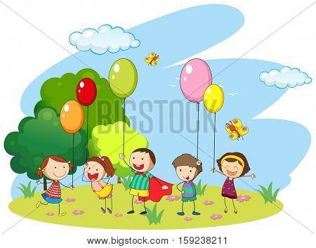 Many kids playing balloons in the fiel illustration