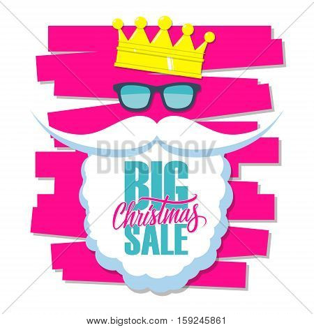 Big Christmas Sale banner with Santa Claus wearing sunglass and crown. Vector illustration.