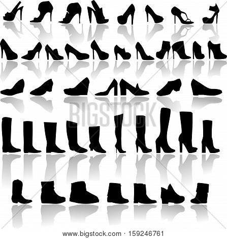 Set of silhouettes of women shoes on a white background