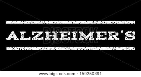 Alzheimer'S watermark stamp. Text tag between horizontal parallel lines with grunge design style. Rubber seal white stamp with scratched texture. Vector ink imprint on a black background.