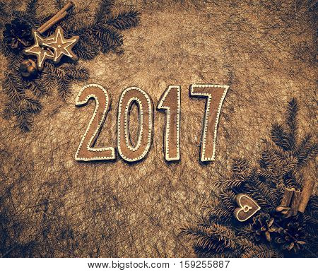 Art vintage Christmas greeting card with gingerbread number