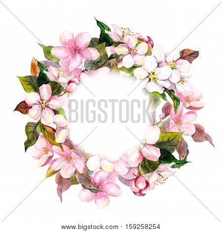 Floral round wreath with pink flowers - apple, cherry blossom for elegant postcard. Watercolor