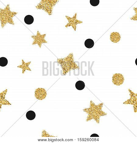 Glitter gold and black stars and circles on white background. Vector seamless pattern. Golden shiny figures. Decorative elements.