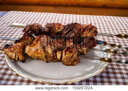 food meat kebab on a plate on the table