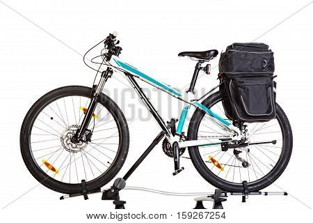 Mountain bike with saddlebags isolated on white background. Studio shot.