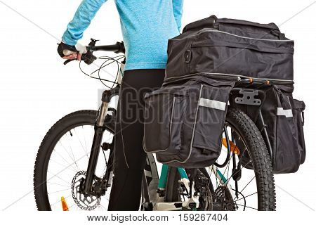 Female mtb cyclist with saddlebag isolated on white background. Studio shot. Rear view.