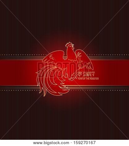 2017, the Year of the Fire Rooster in Chinese Horoscope. Red and gold colors, symbol of new year. Fire element. Hand drawn sketchy cartoon clip-art, illustration