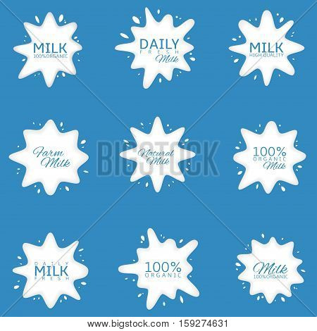 Milk Logo set. Fresh daily milk labels, white icons on blue background