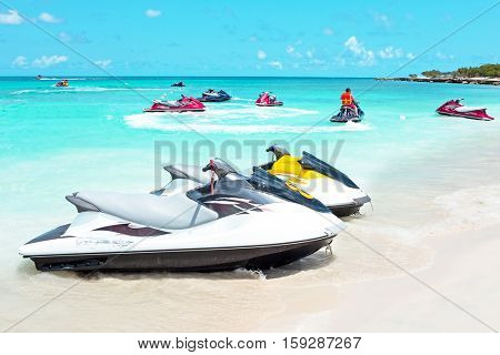 Jet ski's in the caribbean sea on Aruba island in the Caribbbean