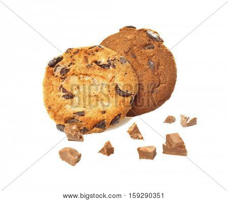 Tasty cookies with chocolate chips on white background
