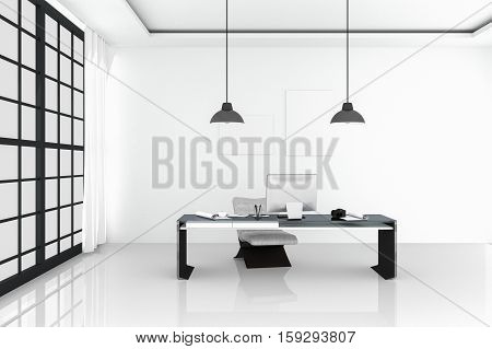 3D Rendering : Illustration Of Modern Interior White Office Of Creative Designer Desktop With Pc Com