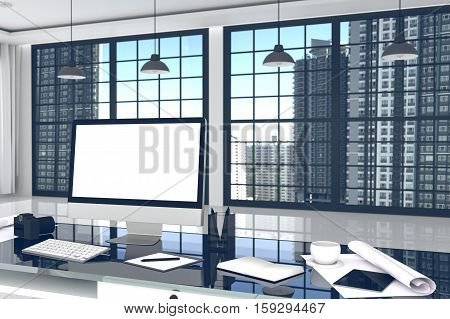 3D Rendering : Illustration Close Up Of Creative Designer Office Desktop With Blank Computer,keyboar