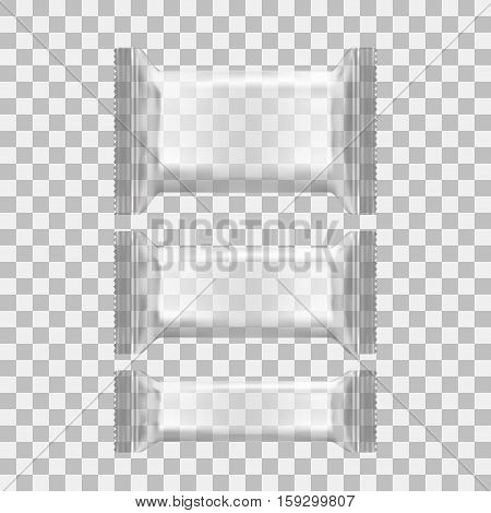 Realistic Transparent Blank Template Foil Packages For Food, Snack Chips, Candy Or Chocolate. Plastic Pack Set. EPS10 Vector
