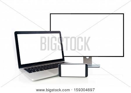 blank screen on laptop cell phone monitor on isolated white background. office device on white background.