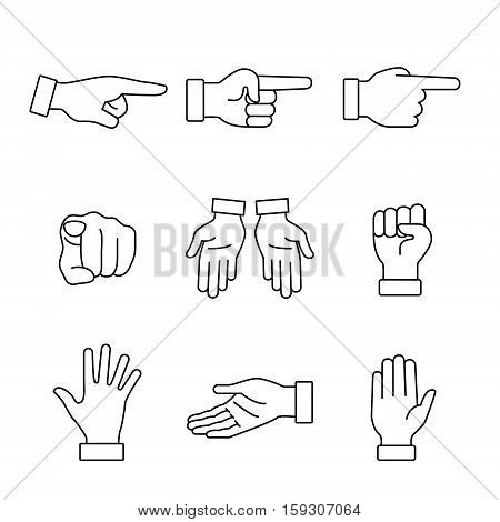 Hand gestures signs set. Thin line art icons. Linear style illustrations isolated on white.