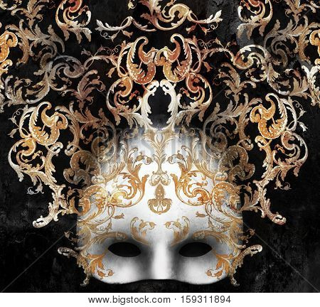 Beautiful and elegant Venetian mask with a rich baroque decor on black background