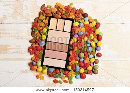 Cosmetic Powder And Mix Of Colorful Dragee