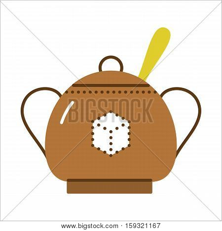 Sugar bowl with spoon inside. Flat vector illustration