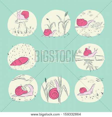 Set of cute snails. snail , autumn. baby illustration. Shirt design. Simple doodle sketch of a snail. Snail with emotions. Cartoon style. Collection of snails in nature in autumn.