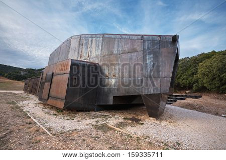 COVARRUBIAS SPAIN - OCTOBER 11: Modern wooden and metallic nordic style chapel. San Olav at dusk on October 11 2016 in Covarrubias. Spain.