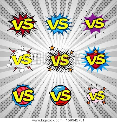 Comic versus vintage bubble icon set, battle intro window, old retro poster style background, halftone print effect