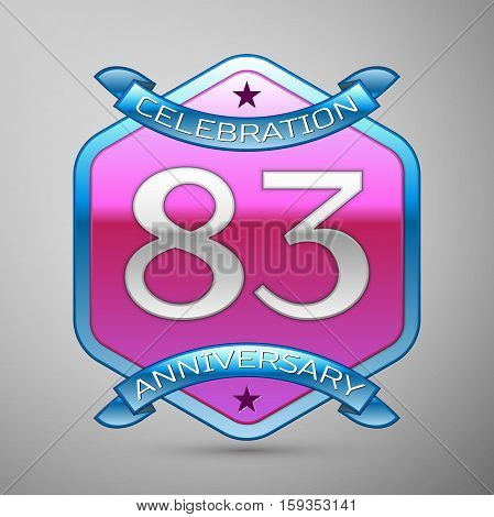 Eighty three years anniversary celebration silver logo with blue ribbon and purple hexagonal ornament on grey background.