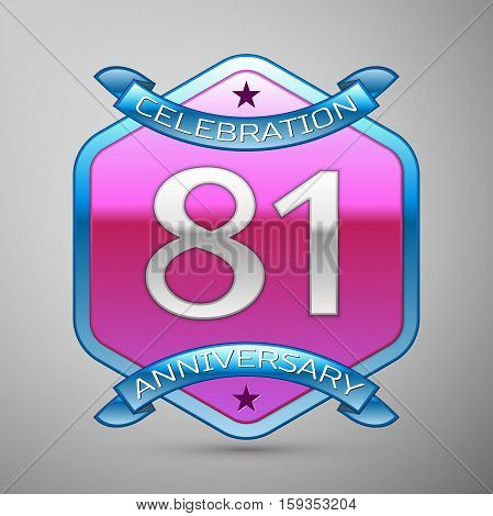 Eighty one years anniversary celebration silver logo with blue ribbon and purple hexagonal ornament on grey background.