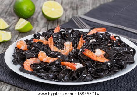Delicious Cuttlefish Ink Black Noodles With Prawns