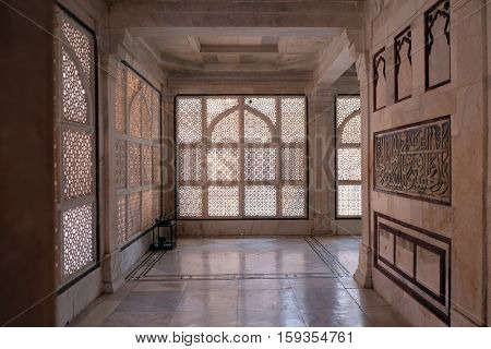 FATEHPUR SIKRI, INDIA - FEBRUARY 15 : Intricate window artwork in the tomb of Salim Chishti at Fatehpur Sikri complex, Uttar Pradesh, India on February 15, 2016.