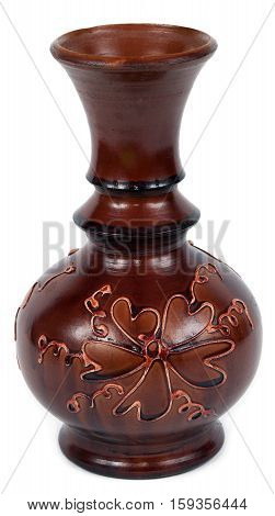Handmade flower brown vase on white background