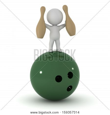 3D character with a large blowling ball and bowling pins. Isolated on white background.