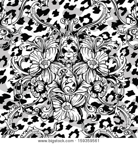 Eclectic fabric seamless pattern. Animal background with baroque ornament. Vector illustration