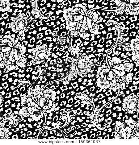 Eclectic fabric seamless pattern. Animal background with baroque ornament. Vector illustration