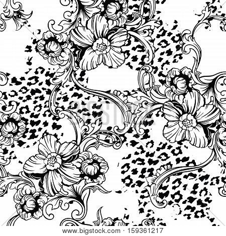 Eclectic fabric seamless pattern. Animal background with baroque ornament. Vector illustration