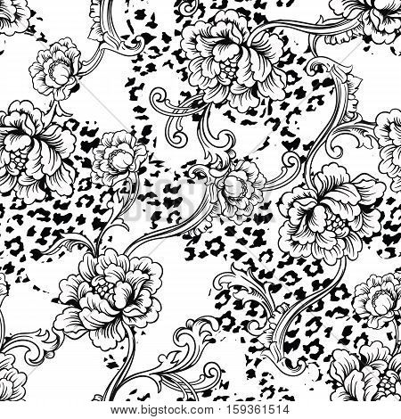 Eclectic fabric seamless pattern. Animal background with baroque ornament. Vector illustration