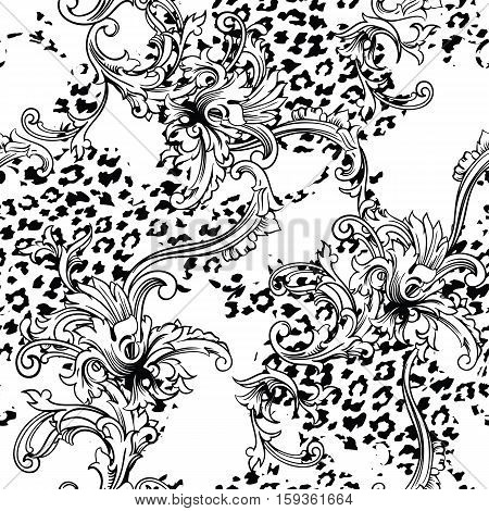Eclectic fabric seamless pattern. Animal background with baroque ornament. Vector illustration