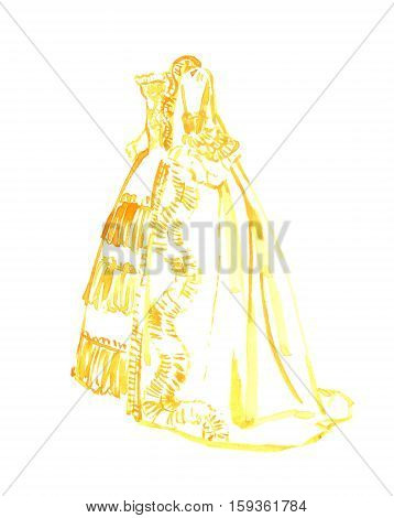 The sack-back gown or robe a la francaise watercolor sketch. 18 century dress isolated on white background. Hand drawn retro historical clothes