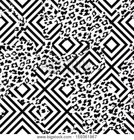 Eclectic fabric seamless pattern. Geometric background with animal pattern. Vector illustration